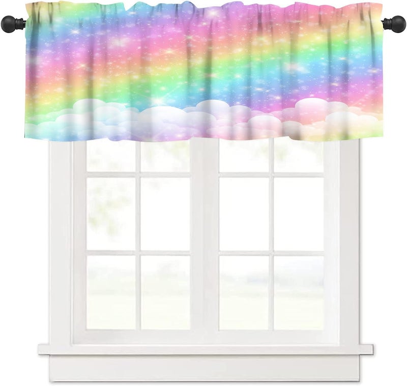 AAVEUP Rainbow Clouds Valance Curtain Fantasy Pink Starry Night Clouds Colourful Art Window Treatment Valances Curtains for Kids Room Bedroom Living Room 54x18In - Image 1